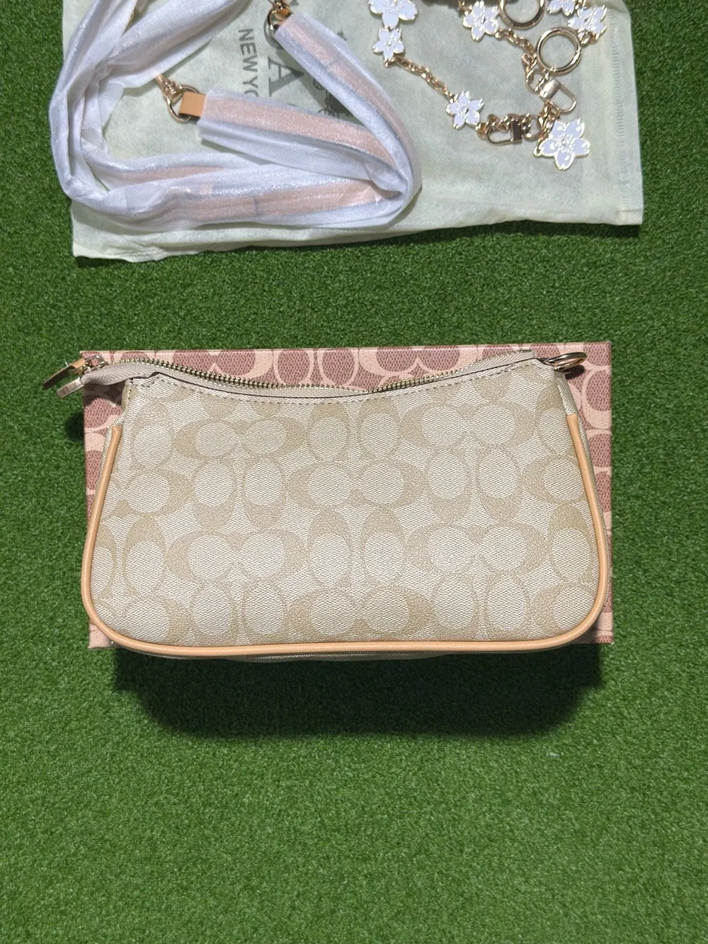 Coach Beige Signature Canvas Crossbody with Floral Charm